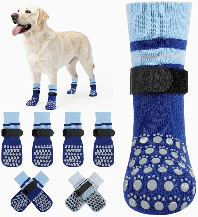 Kuoser Dog Socks, Non-Slip Dog Grip Sock for Hardwood Floors, No Twist Dog Boots & Paw Protectors 4 Pcs Anti-Scratch Hot Pavement Winter Snow Socks for Small Medium Large Senior Dogs, Blue L