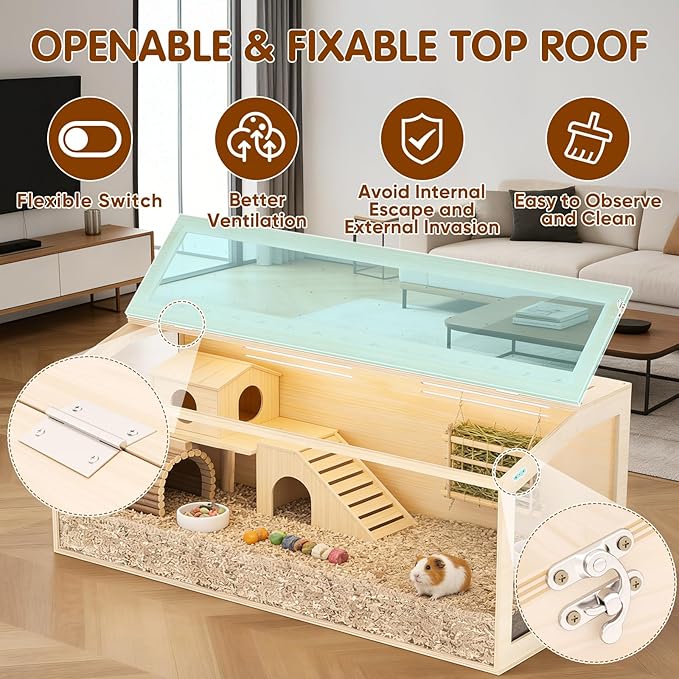 Wooden Hamster Cage, 48inch Large Hamster Cage Enclosure with Openable Top & Thickened Acrylic for Small Animals, Guinea Pig, Rabbit, Rat, 48"L x 20''W x 20''H Hamster Habitat with Multi-vent