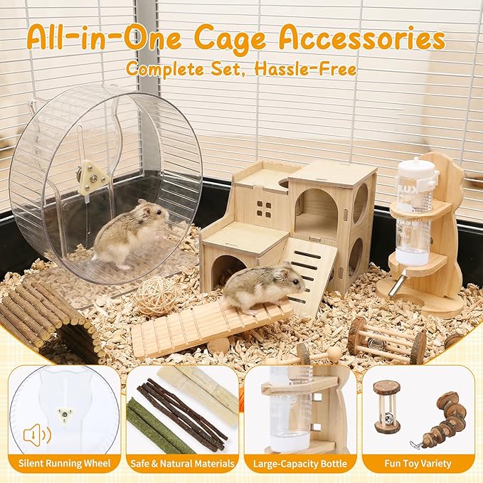 21 Pcs Hamster Cage Accessories Set, 9.5'' Silent Hamster Wheel, Ceramic Hideout & Food Bowl, 15 Chew Toys, Maze Wood House & Water Bottle Set, Hamster Starter Kit