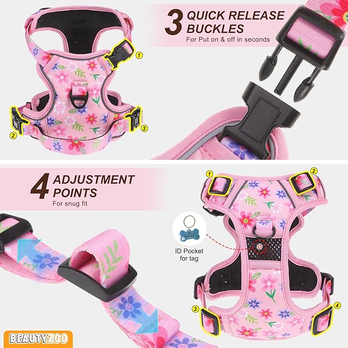 BEAUTYZOO No Pull Dog Harness and Leash Set with 2 Metal Leash Clips - Overhead-Free 3 Snap Buckles Design, Adjustable No-Choke Soft Padded Reflective Oxford Pet Vest for Small Medium Large Dogs, M