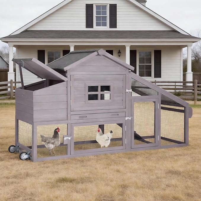 Aivituvin Chicken Coop with Run and Wheels, Mobile Outdoor Hen House Wooden Poultry Cage with Waterproof Roof (Grey, AIR23)