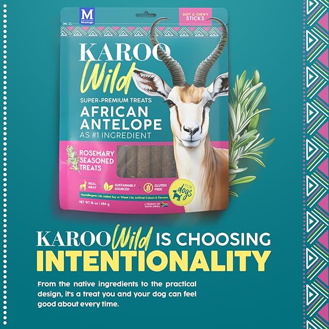 Karoo Wild Sticks Rosemary Seasoned Treats for Dogs – 16 oz – Soft & Chewy Protein Sticks Made with African Antelope – Ideal for Training & Rewarding