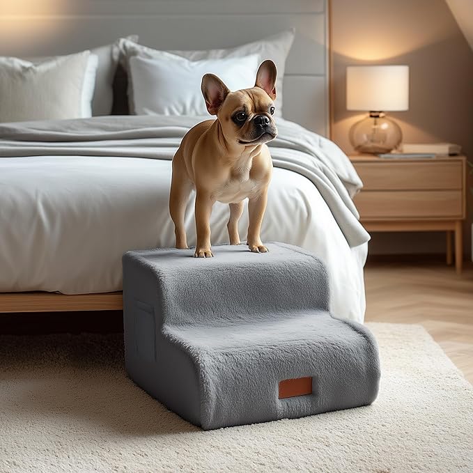 PETNOVO Ultra-Soft Rabbit Fur-Like Dog Stairs for Couch/Bed, Luxury Comfort 2-Step for Small & Senior Dogs, Non-Slip, Removable Washable Cover, Oeko-TEX Certified, 15.7" D x 15.7" Wx 11.8" H, Gray