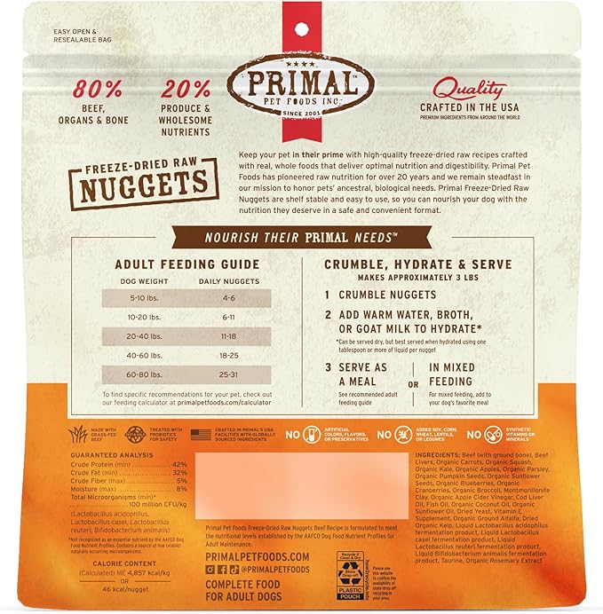 Primal Freeze Dried Raw Dog Food Nuggets, Beef, Complete & Balanced Meal, Also Use as Topper or Treat, Premium, Healthy, Grain Free, High Protein Raw Dog Food, 14 oz (Pack of 2)
