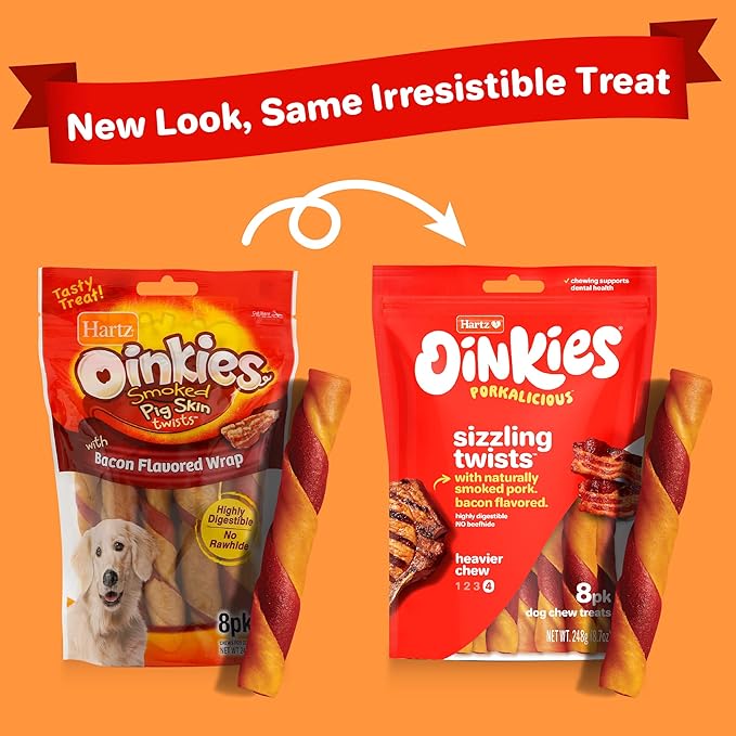Hartz Oinkies Sizzling Twists Bacon Flavored Rawhide-Free Natural Chew Dog Treats, 8 count