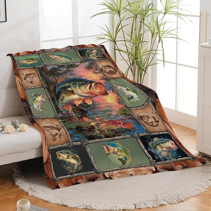 Fish Throw Blanket Fishing Stuff Gifts for Kids Girls Boys Adults Women Men Soft Cozy Warm Plush Fluffy Fuzzy Fleece Blanket Decor 50''X60''