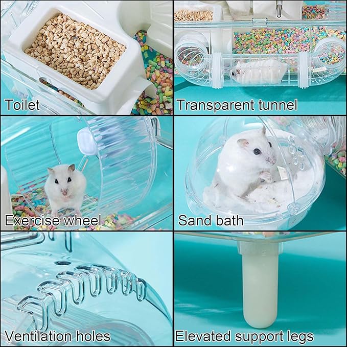 Tfwadmx Dwarf Hamster Cage,Acrylic Rat Cage,Hamster Home Small Animal Cages with Tube Exercise Wheel Mouse Habitat for Gerbils Mice 17.7”x11”x11.8”