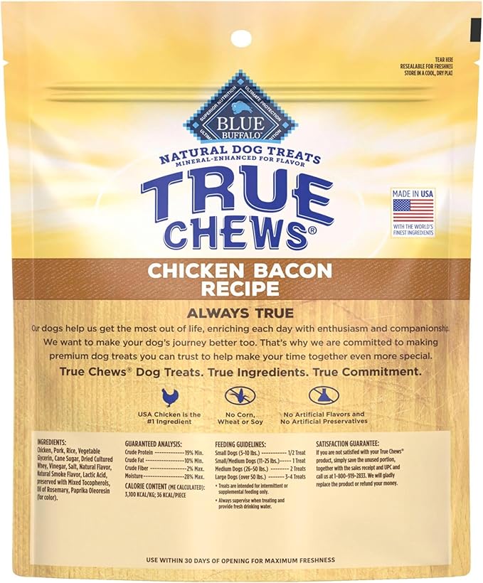 Blue Buffalo True Chews Dog Treats, Made in the USA with Natural Ingredients, Chicken Bacon Recipe, 22-oz Bag