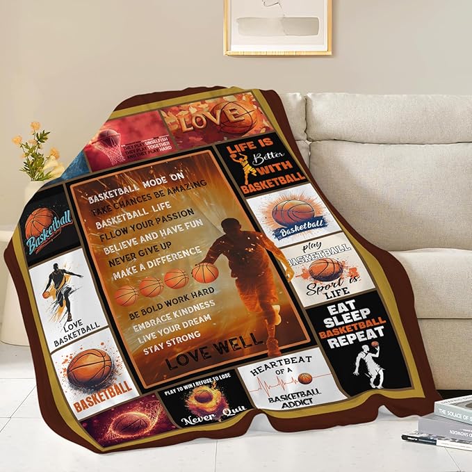 Basketball Blanket Sports Basketball Throw Blanket Gifts for Player Kids Girls Boys Adults Women Man Super Soft Cozy Plush Fluffy Fuzzy Fleece Blanket Decor 50''X60''