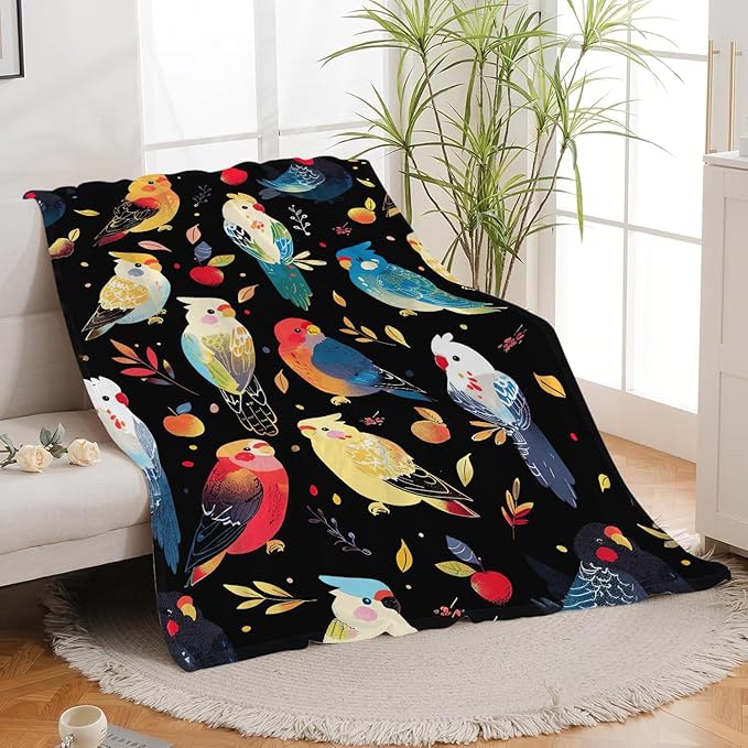 Parrot Bird Throw Blanket Cute Cockatiel Stuff Gifts for Kids Girls Boys Adults Women Men Soft Cozy Warm Plush Fluffy Fuzzy Fleece Blanket Decor 50''X60''