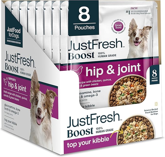 JustFoodForDogs JustFresh Boosts Hip & Joint Support Dog Food Toppers with Glucosamine to Support Hip Mobility & Joint Flexibility, Human-Grade Fresh Pet Meal Booster, 8 oz Pouches - 8 Pack
