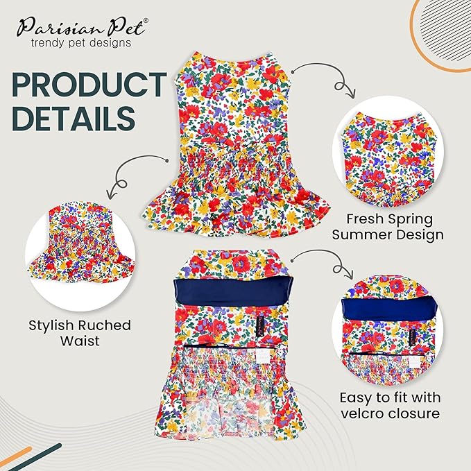 Parisian Pet Floral Dog Dress - 100% Cotton Summer Clothes for Large Dogs Girl - Ruched Waist Pet Dress - Stylish Printed Beach Dog Outfit - Lightweight Puppy Clothes - Sleeveless Dresses for Dogs