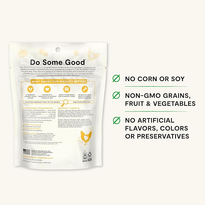 Open Farm Better Biscuits, Oven Baked Dog Treats with Probiotics, Chicken & Oatmeal Recipe, 8oz Pouch