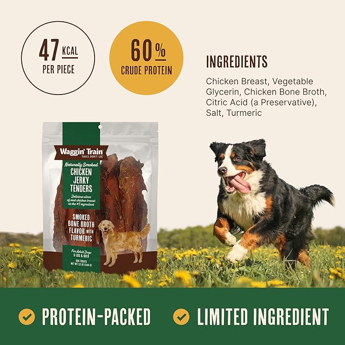 Waggin' Train Smoked Chicken Jerky Tenders for Dogs with Turmeric and Human Grade Bone Broth, Grain and Corn Free, High Protein, Premium Limited Ingredient 100% Real Chicken Dog Treats, 12 oz. Pouch