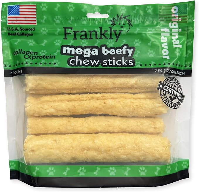 Frankly Original Pet - Natural Flavored Mega Beefy Chew Stick for Dogs - High Protein Collegen Packed - Made in The U.S.A. - 4 Count 7" Stick