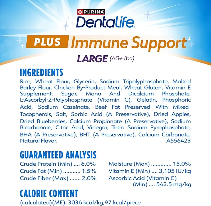 DentaLife Plus Immune Support Treats for Large Dogs 40 lbs. and Over, Supports Clean Teeth and Fresh Breath, Chicken, Apple & Blueberry Flavor - 19 ct. Pouch