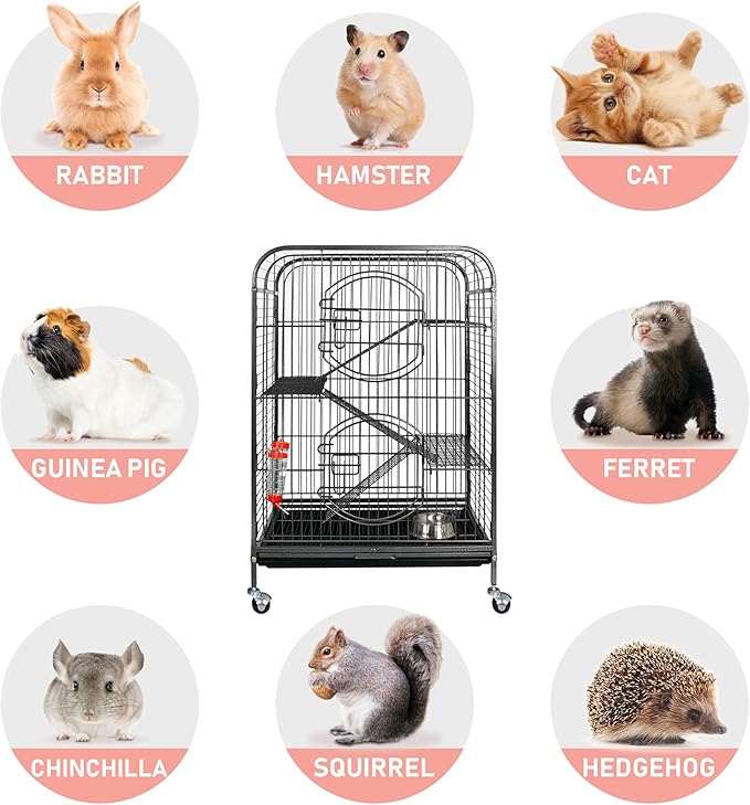 SUPER DEAL 37.2 Inches Metal Ferret Cage Chinchilla 4 Tiers Small Animal Cage with 3 Ladders/ 2 Front Doors/Food Bowl/Water Bottle/Slide Out Trays/Swivel Casters,Black