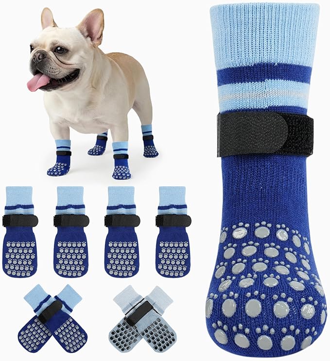Kuoser Dog Socks, Non-Slip Dog Grip Sock for Hardwood Floors, No Twist Dog Boots & Paw Protectors 4 Pcs Anti-Scratch Hot Pavement Winter Snow Socks for Small Medium Large Senior Dogs, Blue M