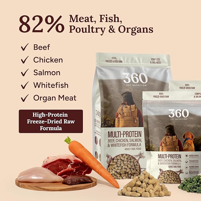360 Pet Nutrition Freeze-Dried Raw Dog Food – Multi-Protein with Beef, Chicken, Fish, Liver & Organs, High Protein, Omega-3s, Fruits, Veggies & Superfoods, Grain-Free, No Fillers, 1 lb – Made in USA
