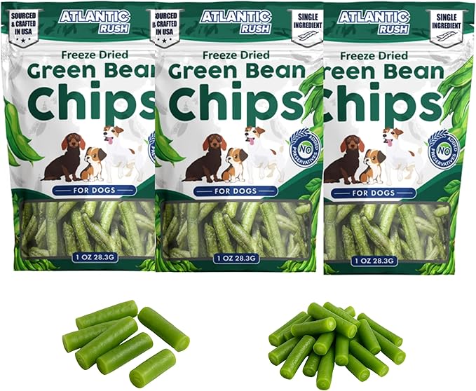 Atlantic Rush Freeze Dried Green Bean Chips for Dogs- 1oz Resealable Bag of Dried, Green Crispy Beans- Single Ingredient, No Salt or Canola Oil- Crispy, Shelf Stable - Made in USA (3, 1 oz Bag)
