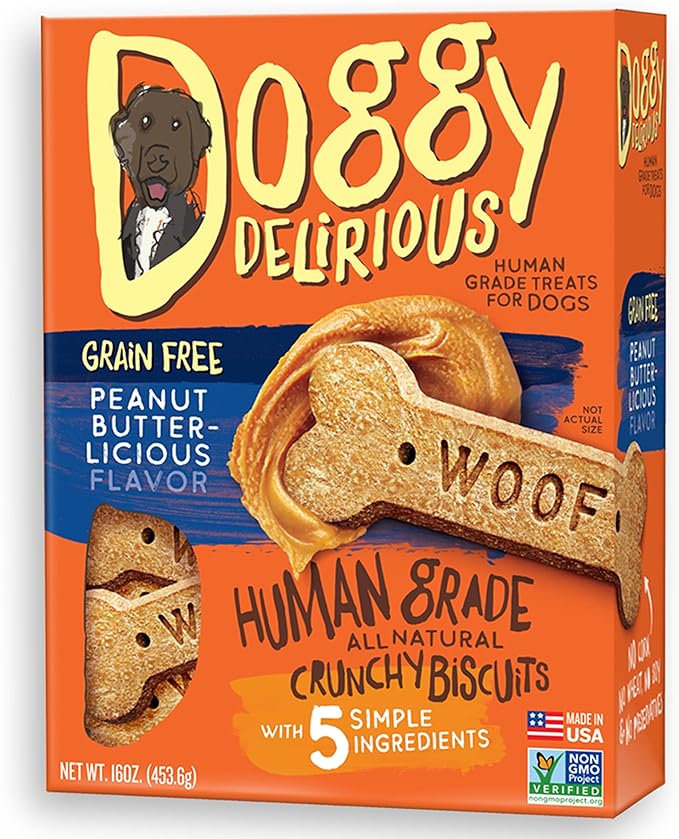 Doggy Delirious Crunchy Dog Treats – All Breeds & Sizes – Natural Puppy Snack – 100% Human-Grade – Grain-Free Peanut Butter Bones – 16 Oz, 1 lb Pack (1)