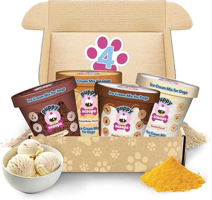 Puppy Scoops Dog Ice Cream Mix Variety Pack, 4 Flavors, 4.65 oz Each – Just Add Water and Freeze at Home, Powder Mix with Ice Cream Cup and Reusable Lid. Made in USA