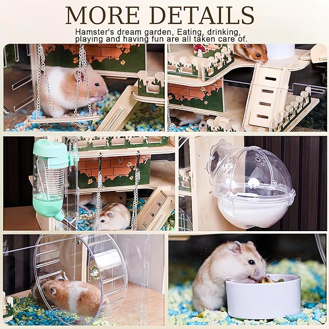 11 in 1 Wooden Hamster Cage with All Accessories, 19.3" 3-Layer Dwarf Hamster Cage Acrylic,Small Animal Cages, Pastoral Style Mouse Cage for Mice, Hedgehog and Small Pets, with Stairs, Fences, Swing