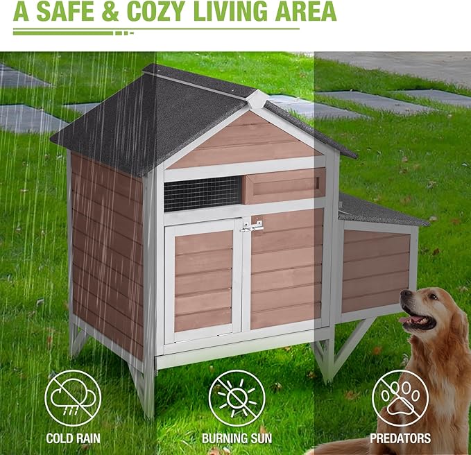 GUTINNEEN Small Chicken Coop with Nesting Box for 2–3 Chickens, Outdoor Duck House Raised Rabbit Hutch with Weatherpoof Asphalt Roof, 2 Perches, Easy Clean Pull-Out Tray, 40.94" L(Brown)