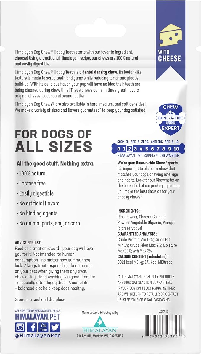 Himalayan Dog Chew Happy Teeth Yak Cheese Dog Chews Dental Chews, 100% Natural, Long Lasting, Gluten Free, Healthy & Safe Dog Treats for Oral Health, Lactose & Grain Free, Protein Rich, 2 Chews