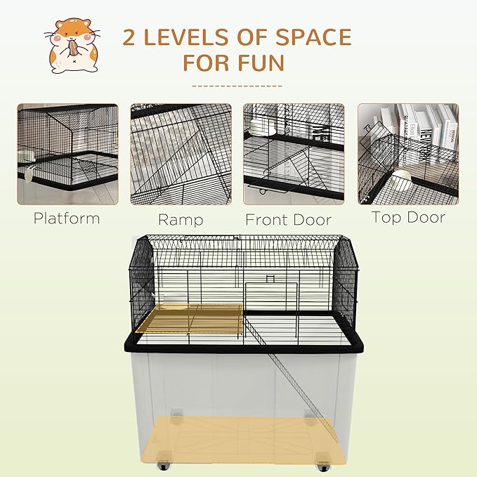 PawHut Hamster Cage, Gerbil Cage 2 Tier with Wheels, Deep Bottom, Ramp, Food Dish, Water Bottle, for Dwarf Hamster, 57 x 43 x 57cm - Black