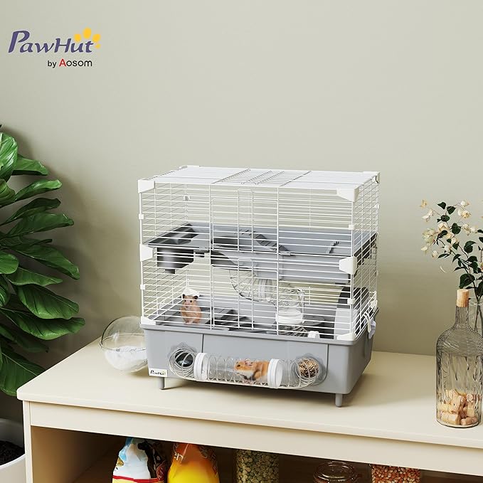 PawHut 2-Tier Hamster Cage, Small Animal Cage with Running Wheel, Tubes, Sand Bathroom, Water Bottle, Hamster Habitat with Accessories, 17.5" x 11" x 17", Gray