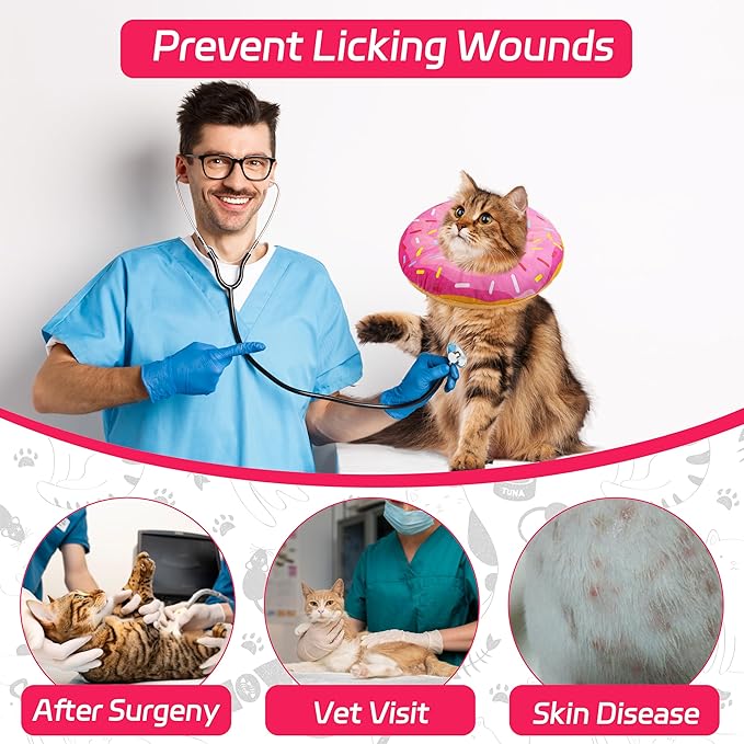 Seyezo Cat Cone Collar Soft, Adjustable Cat Recovery Collars Spay Cones to Stop Licking, Cute Donut E Collar After Surgery, Anti-Lick Wound Healing Elizabethan Collar for Kittens (Donut Pink, Small)