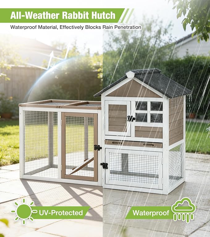 GUTINNEEN Rabbit Hutch Outdoor Rabbit Cage Indoor 51.6" L Waterproof Bunny Cage with Chew-Proof Ramp and Lockable Doors for Indoor Outdoor Use Brown