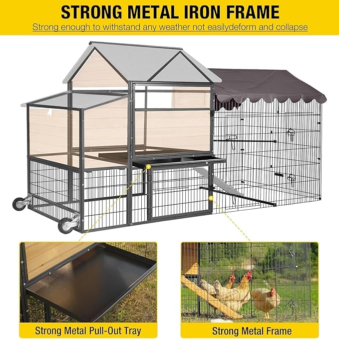 Chicken Coop All-Iron Frame Large Hen House Mobile Poultry Cage with Nesting Box,Metal Run,Waterproof Rain Cover Duck Coop, 85"