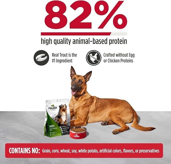 Nulo FreeStyle Senior Dry Dog Food - Trout & Sweet Potato, High Protein Grain Free Dog Food, Kibble with Probiotics, Glucosamine, Chondroitin, Hip and Joint Support, Small, Medium, Large Breeds, 6lb