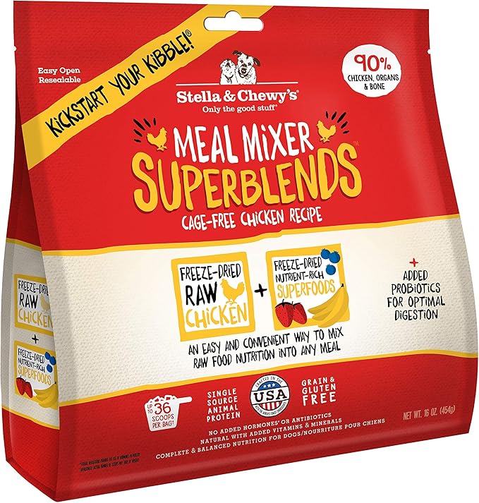 Stella & Chewy's Freeze Dried Raw Cage-Free Chicken Meal Mixers – SuperBlends Dog Food Topper – Grain Free, Protein Rich Recipe – 16 oz Bag