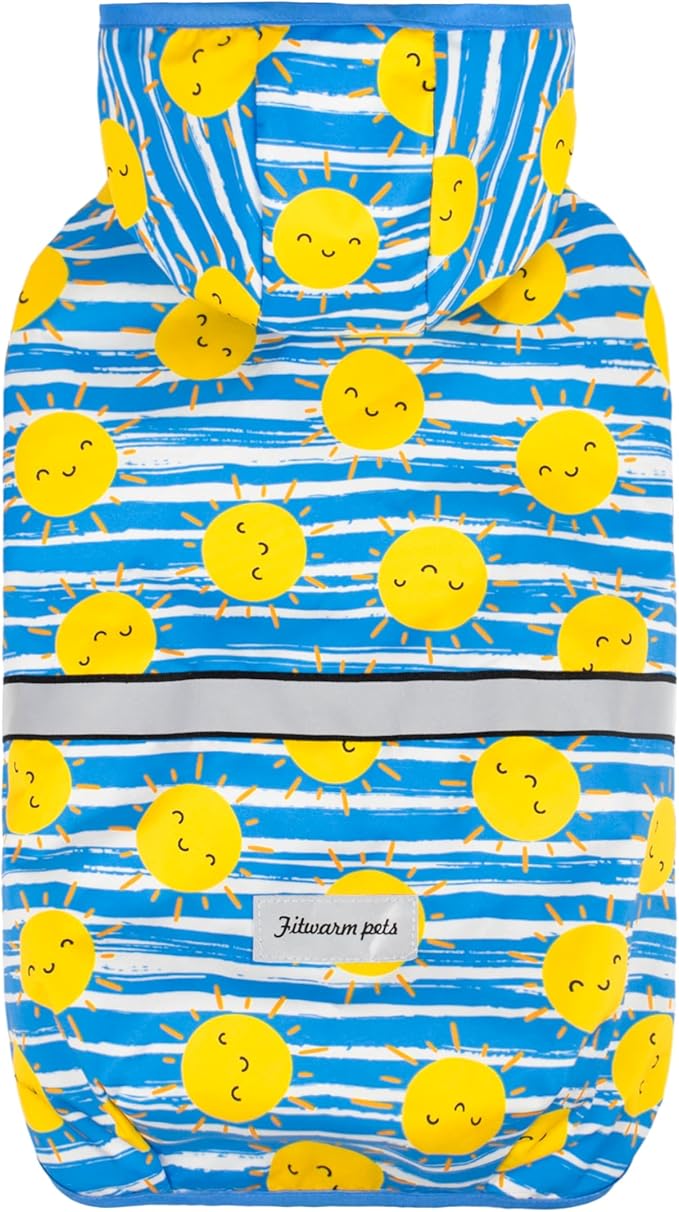 Fitwarm Stirped Sun Dog Raincoat, Waterproof Rain Jacket for Small Dogs Boy Girl, Reflective Puppy Poncho with Harness Hole, Packable, Adjustable, Blue, Yellow, White, XL