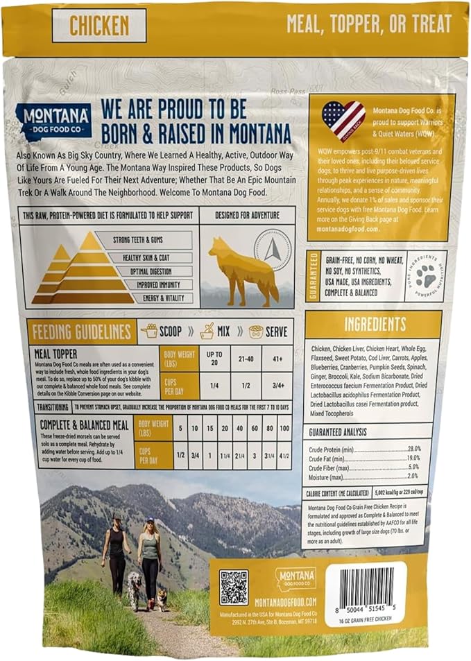 MONTANA DOG FOOD CO. Freeze-Dried Raw Chicken Recipe Dog Food – Grain-Free, High-Protein Meal or Topper, Made in USA with USA Ingredients -6.4 oz Bag