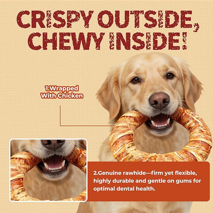 Just Try 7.87" Dog Donut - Chicken Wrapped Rawhide Dog chew - Long Lasting Dog Chews, Dog Treats for Large Dogs
