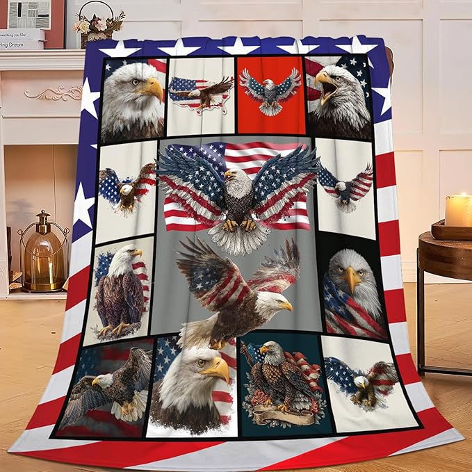 Eagle Throw Blanket American Flag Bald Eagle Stuff Gifts for Kids Girls Boys Adults Women Men Soft Cozy Warm Plush Fluffy Fuzzy Fleece Blanket Decor 50''X60''