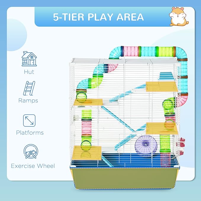 PawHut Extra Large 23" Hamster Cage with Tubes and Tunnels, Portable Carry Handles, Rat House and Habitats Big 5-Tier Design, Mouse Cage Includes Exercise Wheel, Water Bottle, Food Dish, Blue