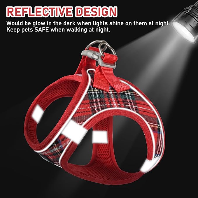 GAMUDA Small Dog Harness Collar and Leash Set, Step in No Chock No Pull Soft Mesh Adjustable Dog Vest Harnesses Plaid Reflective for Dogs Puppy Cats Kitten Rabbit (Red, XXXS)
