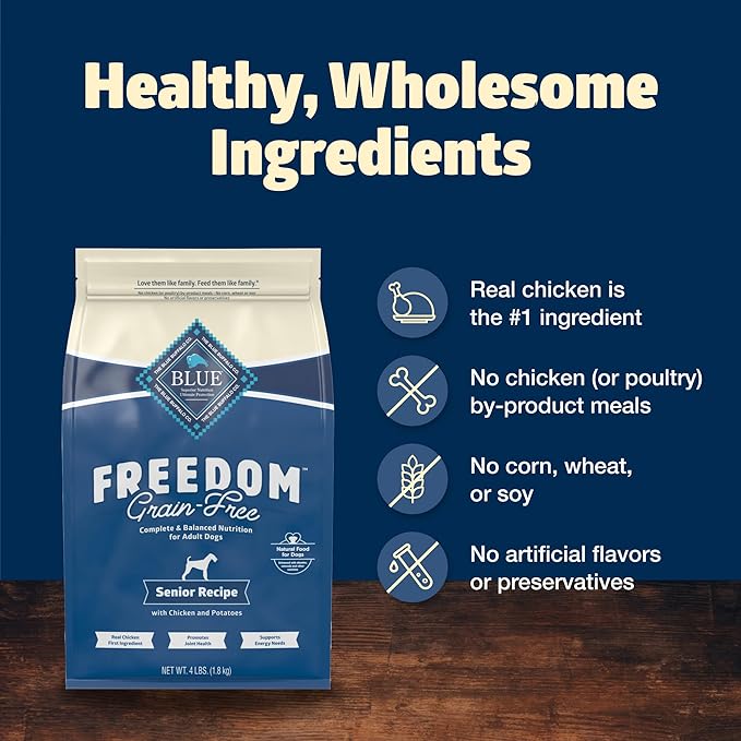 Blue Buffalo Freedom Grain-Free Senior Dry Dog Food, Provides Energy to Stay Active, Made in the USA with Natural Ingredients, Chicken & Potatoes, 4-lb Bag