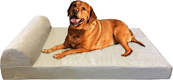Dogbed4less Premium Head Rest Pillow Orthopedic Gel Cooling Memory Foam Dog Bed, Waterproof Liner with Microsuede Khaki Pet Bed Cover, Jumbo 55X47 Inches