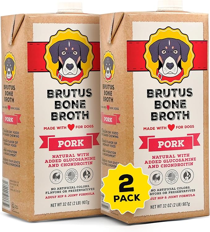 Brutus Bone Broth Liquid for Dogs | All Natural | Made in USA | Glucosamine & Chondroitin for Healthy Joints | Human Grade Ingredients | Hydrating Food Topper, Gravy & Treat (Pork, 2-Pack)