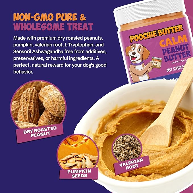 Calming Dog Peanut Butter - Made in USA, Creamy Spread for Lick Mats & Food Toppers - Dry-Roasted Peanuts Non-GMO No Sugar Added Dog Treats | 12 oz (Pack of 2)