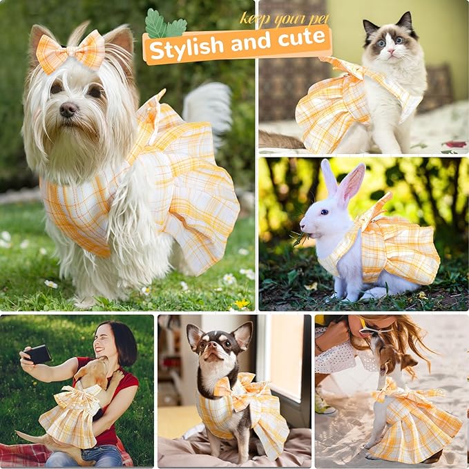 PETCARE Cute Dog Dress Clothes for Small Dogs Cats Girl Female Yellow Plaid Bow Tie Dog Harness Dresses Leash Set with Pearls Bow Accessories Birthday Puppy Dress Shih Tzu Yorkies Chihuahua Outfits