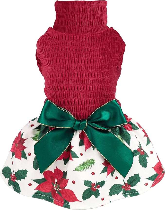 Fitwarm Christmas Poinsettia Flower Dog Turtleneck Dress, Holiday Clothes for Small Dogs Girl, Pet Festive Outfit, Red, White, X-Small
