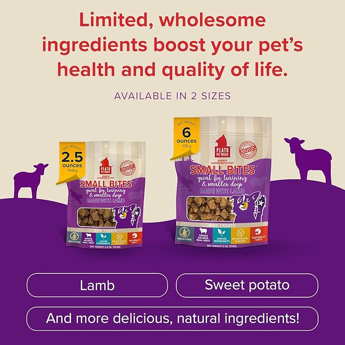 Plato Pet Treats Small Bites - Air-Dried Training Treats for Dogs - Supports Healthy Digestion - Limited Ingredients - Lamb 6oz