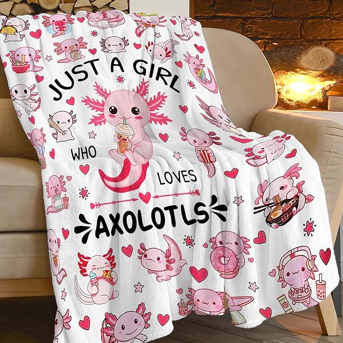 SweetFox Just A Girl Who Loves Axolotls Blanket Cute Axolotl Decor Throw Blanket Gifts for Girls Boys Lovers Super Warm Soft Plush Fleece Flannel Bedding Blankets for Kids Adults Men Women 50"X40"